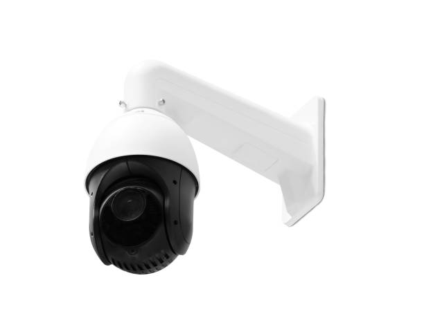 istock Modern public CCTV camera on wall isolated on white background. Intelligent reccording cameras for monitoring all day and night. Concept of surveillance and monitoring with clipping path copy space. 1448264638