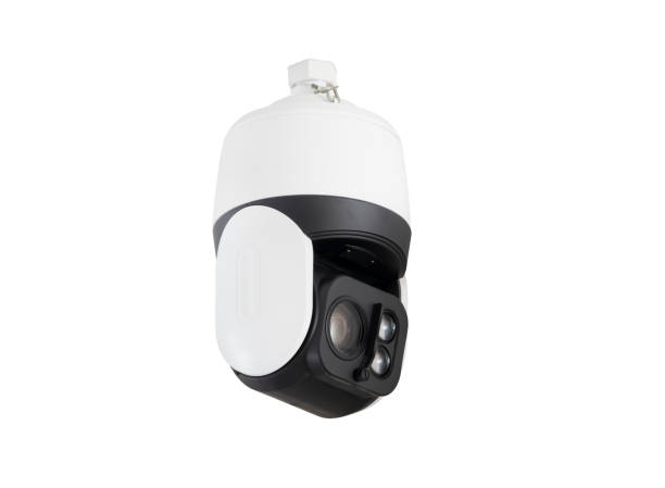 istock Modern public CCTV camera on wall isolated on white background. Intelligent reccording cameras for monitoring all day and night. Concept of surveillance and monitoring with clipping path copy space. 1448264646