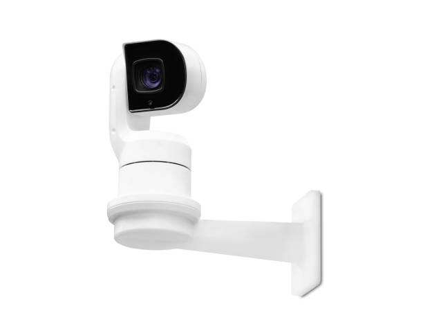 istock Modern public CCTV camera on wall isolated on white background. Intelligent reccording cameras for monitoring all day and night. Concept of surveillance and monitoring with clipping path copy space. 1448264653