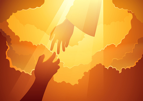 Biblical silhouette illustration series, God hand in the open sky with human hand trying to reach Him, hope, help, God mercy concept