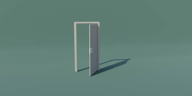 istock White wooden open door and frame on empty green floor, 3d 1448265219
