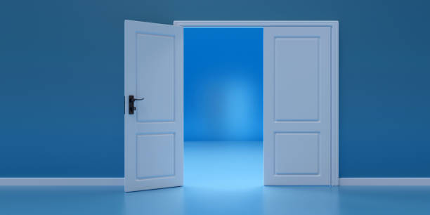 istock Double white door with one door leaf opened on blue color wall background. 3d render 1448265221