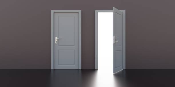 istock One opened and one closed grey door on wenge color wall background. 3d render 1448265222