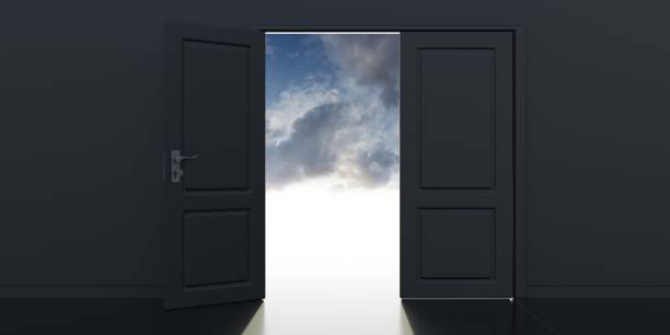 istock Double feaf door one open, black wall. Cloudy sky and light enters from opening 3d 1448265228