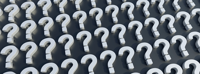 Question marks white on black color background, banner. FAQ concept. Too many queries, doubts and uncertainties. 3d render