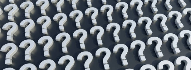 Question marks white on black color background, banner. FAQ concept. 3d stock photo