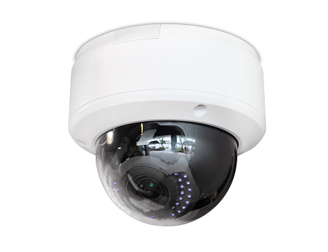 Modern public CCTV camera isolated on white background. Intelligent reccording cameras for monitoring all day and night. Concept of surveillance and monitoring with clipping path copy space.