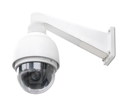 Modern public CCTV camera isolated on white background. Intelligent reccording cameras for monitoring all day and night. Concept of surveillance and monitoring with clipping path copy space.