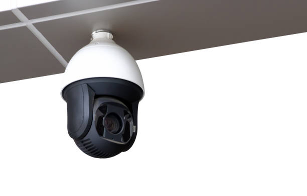 istock Modern public CCTV camera isolated on white background. Intelligent reccording cameras for monitoring all day and night. Concept of surveillance and monitoring with clipping path copy space. 1448265437