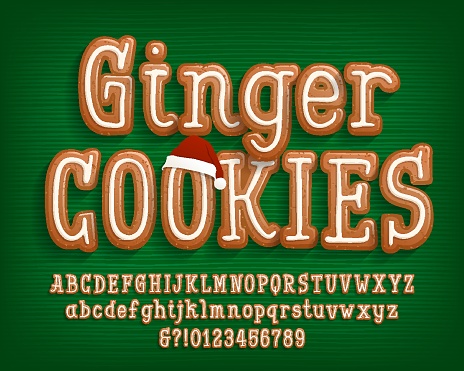 Ginger Cookies alphabet font. Cartoon letters and numbers. Uppercase and lowercase. Christmas holiday vector illustration for your typography design.