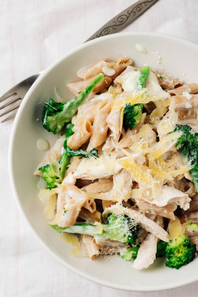 istock Whole grain penne pasta with chicken and green vegetables. 1448267947