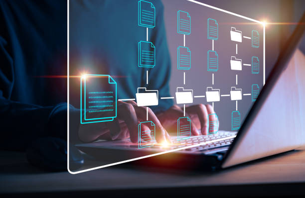 istock Investor businessman analization economy by using virtual folder and document icon software, searching and managing files online document database, for efficient archiving and company data, Document management system concept. 1448268676