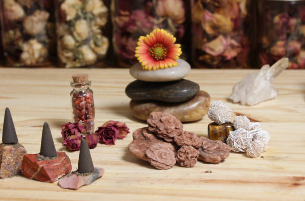 istock Incense Cones and Desert Rose Rocks on Meditation Table 1448268701