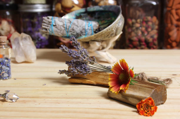istock Dried Lavender With Palo Santo Sticks and Abalone Shell For Smudging in Background Shallow DOF 1448268802