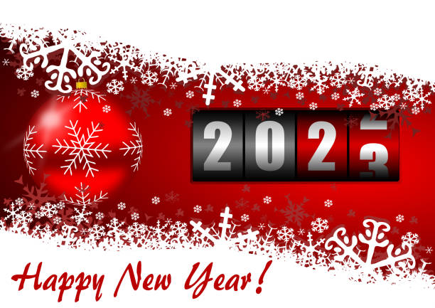 ilustraciones, imágenes clip art, dibujos animados e iconos de stock de feliz año nuevo 2023 ilustración de tarjeta de felicitación con bola de navidad, copos de nieve y mostrador sobre fondo rojo - calendar date pattern dial luxury