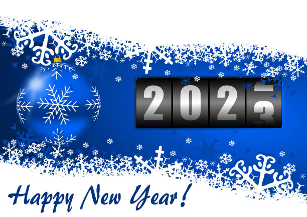 ilustraciones, imágenes clip art, dibujos animados e iconos de stock de feliz año nuevo 2023 ilustración de tarjeta de felicitación con bola de navidad, copos de nieve y mostrador sobre fondo azul - calendar date pattern dial luxury