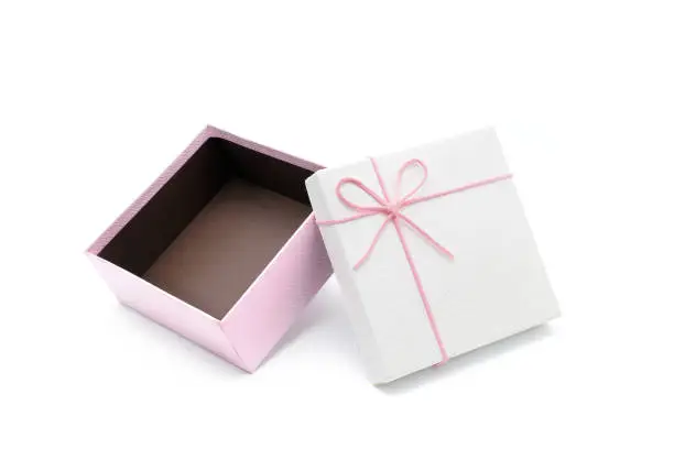 Pink-white gift box and pink ribbon. For giving on special occasion, birthday, valentine, anniversary isolated on white background.