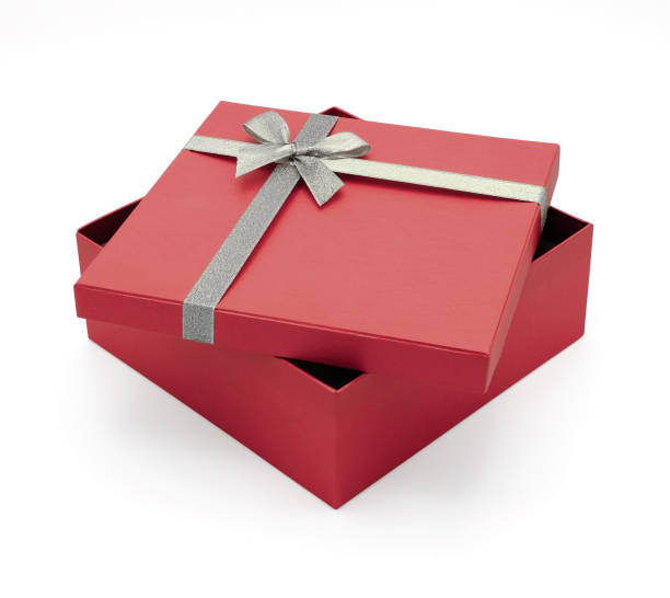 istock Red gift box with silver ribbon isolated on white background - Image 1448271567