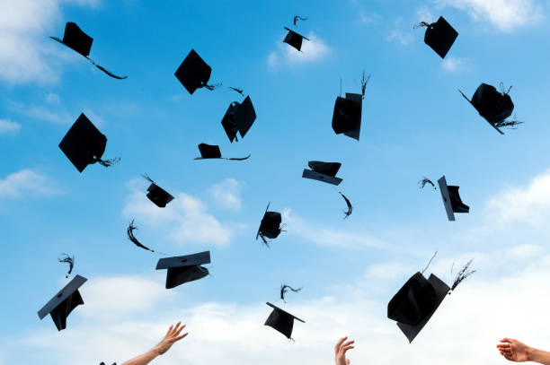 istock Graduating students hands throwing graduation caps in the air 1448272496