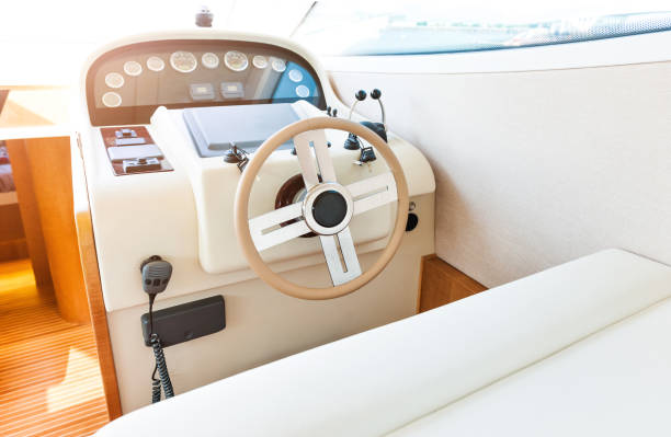 istock Steering wheel on a yacht cabin 1448272523