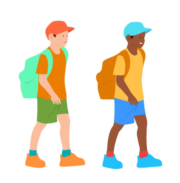ilustrações, clipart, desenhos animados e ícones de menino caminhando para a escola - baseball cap cap personal accessory vibrant color