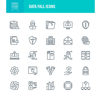 Data Fall Icon Set. Editable Stroke. Contains such icons as Database, Security, Verification, Password, Machine Learning, Big Data