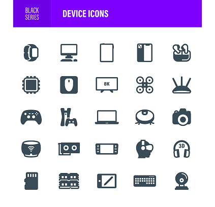 Device Icon Set. Black Silhouette. The set contains icons as Computer Devices, Equipment, Data, Laptop, Smartphone, Game Console