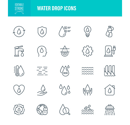 Water Drop Icon Set. Editable stroke. Set contains such icons as Water, ECO, Drop, Industry, Water Pump, Earth
