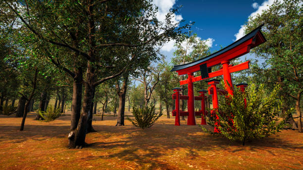 istock Graphic resources for sustainable development goals, biodiversity, a growing economy and ecology. 3D render with Torii gate 1448275883