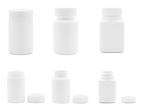 Various type of white plastic medicine bottles isolated on white back ground, medical and drug concept.