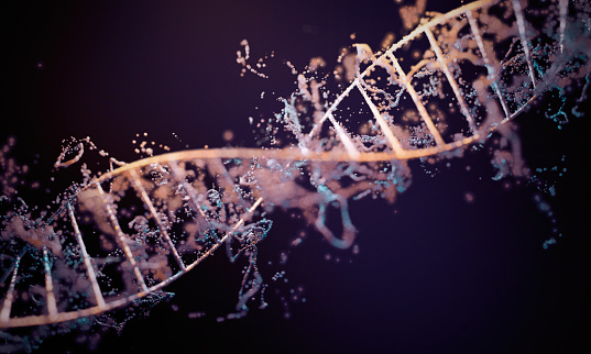 Futuristic abstract glittering double helix DNA biological macromolecule with depth of field. Mysterious source genome science 3D background. Conceptual design of genetic information.