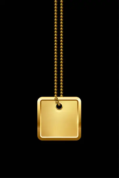 Vector illustration of Empty square golden military or dogs badge hanging on chain. Vector army object isolated on black background. Pendant with blank space for identification, blood type in case of death and injury