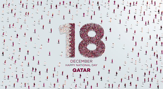 Happy National Day Qatar. A large group of people form to create number 18 as Qatar celebrates it’s National Day on the 18th December. Vector illustration.