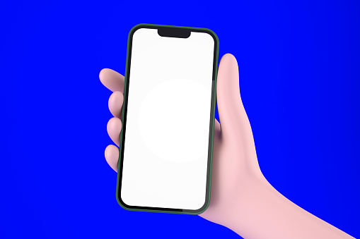 Cartoon hand with blank smartphone on blue background. 3d illustration.