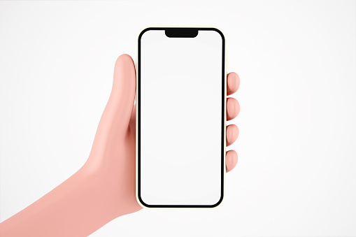 Cartoon hand with blank smartphone isolated on white background. 3d concept illustration.