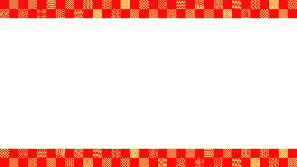 さまざまな日本のパターンを持つ赤と金の市松模様の正方形のイラスト - 正月点のイラスト素材／クリップアート素材／マンガ素材／アイコン素  材