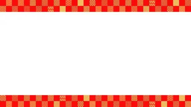 Vector illustration of Illustration of red and gold checkered squares with various Japanese patterns