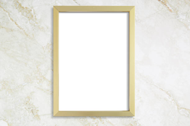 istock Poster Mockup with Gold Frame Hanging on Marble Wall with Clipping Path 1448284022