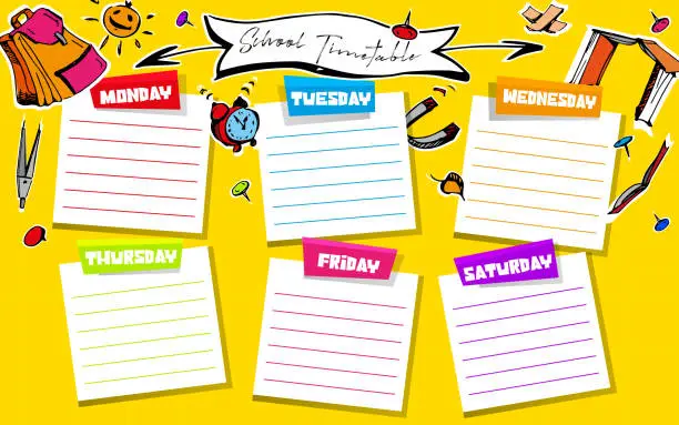 Vector illustration of Weekly, diary, planning concept in school style. To-do list for the week in a notebook with hand-drawings on an abstract color background.