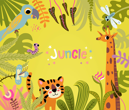 Cartoon kids jungle banner with cute lion, giraffe, parrot wildlife. Bright vibrant color. Tropical leaves, plants and flowers. Cute cartoon jungle animals background for children
