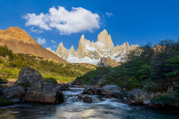 istock Fitzroy mountain in Patagonia and small waterfall at sunrise 1448288595
