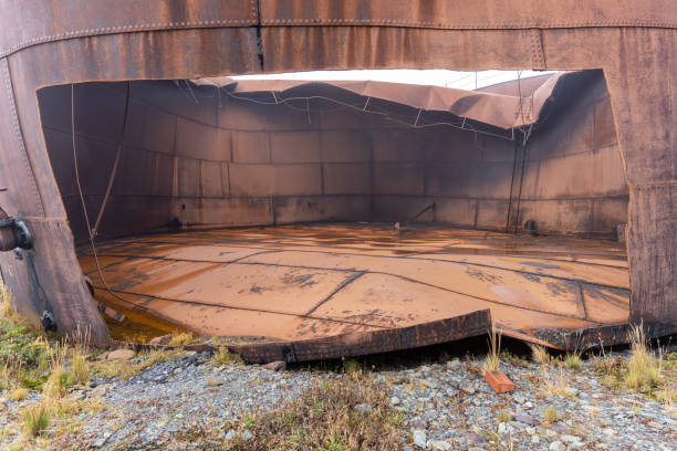 Old, rusty whaling ships and processing facilities at a now abandoned whaling station in Grytviken -on the island of South Georgia.Old, rusty whale oil tanks and processing facilities at a now abandoned whaling station in Grytviken -on the island of South Georgia.