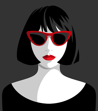 Vector portrait of beautiful young woman wearing red retro sunglasses and black dress, front view