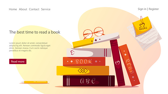 Stack of books and glasses on top, piece of notebook with sticker. Book lover, reading, book store, library, education concept. Vector illustration for flyer, poster, banner, website development.