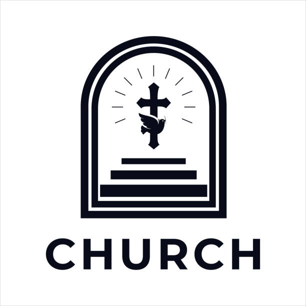 Church Vector Illustration Logo Design Template inspiration idea concept with black and white color Chapel church logo design vector for community with simple stair of altar modern church logos stock illustrations