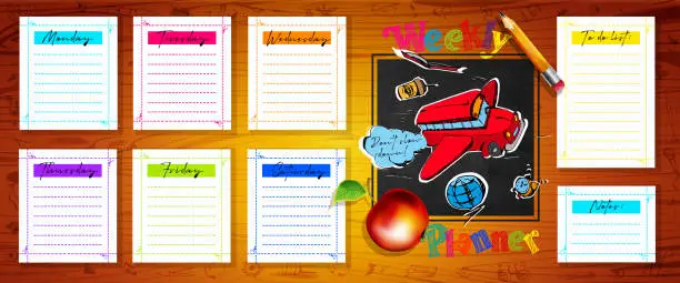 Vector illustration of Weekly, diary, planning concept in school style. To-do list for the week in a notebook with hand-drawings on an abstract color background.