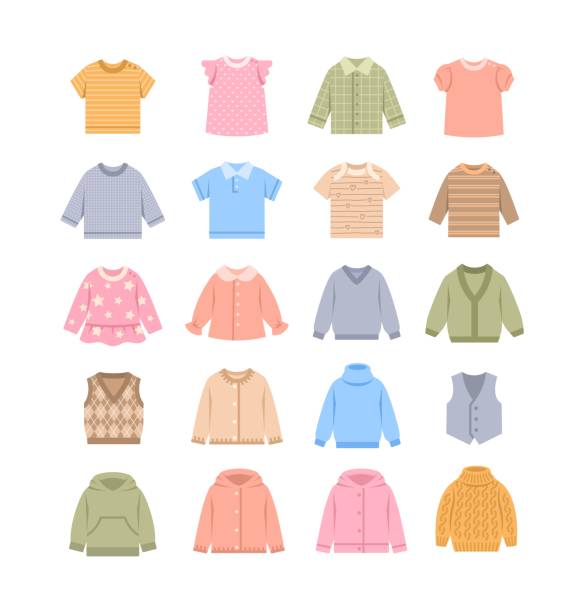 baby stoff hemden pullover westen farbe flache symbole - polo shirt multi colored clothing variation stock-grafiken, -clipart, -cartoons und -symbole