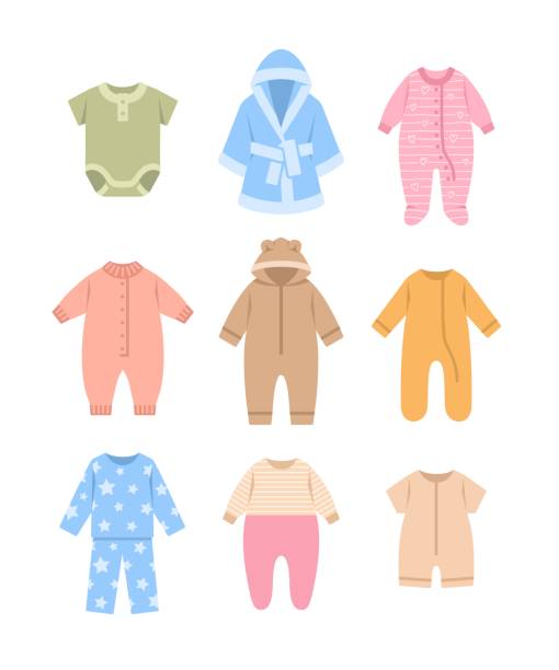 Baby sleepwear cloth pajama romper color flat icon Baby sleepwear cloth color flat icons. Pajamas, rompers, bodysuits and bathrobe. Simple cartoon pictograms of children clothing. Kids wardrobe. Outfit for newborn child, toddler, little boy or girl babygro stock illustrations