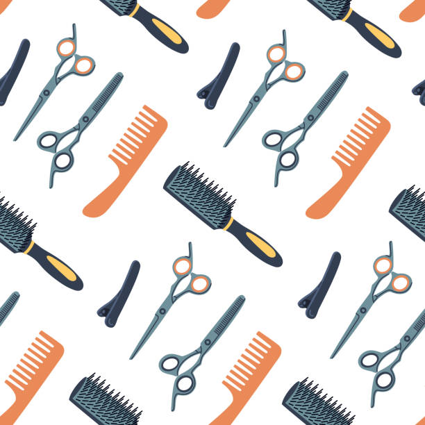 Seamless pattern of hairdressing accessories. Hairbrush, scissors, barrette. Seamless pattern of hairdressing accessories. Hairbrush, scissors, barrette. Professional tools for barbershop. Hand drawn flat vector illustration isolated on white background. Modern cartoon style. human hair comb combing cartoon stock illustrations