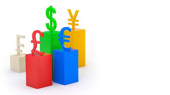 Currency symbols stand on multi-colored ascending columns. Dollar leadership. Finance concept. 3D rendering. copy space